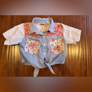 Vintage GITANO Girl's 5 Blue Pink Denim Shirt Button Down Tie Western Floral 90s